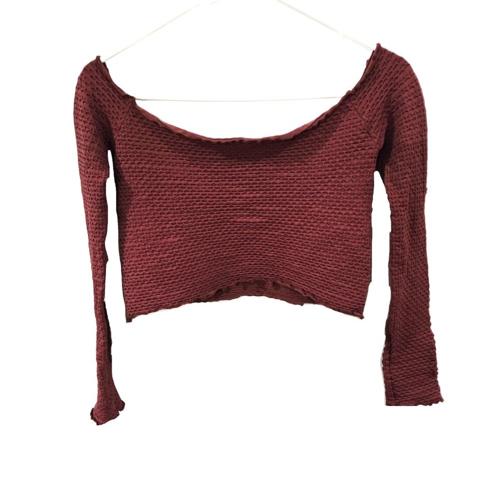 Free People Sz Medium Womens Red Textured Long Sleeve Crop Top - Picture 3 of 6